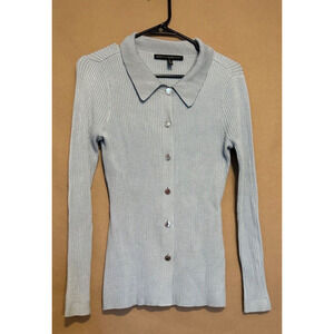 White House Black Market Blue Ribbed Cardigan Collar Silver Buttons Size Small